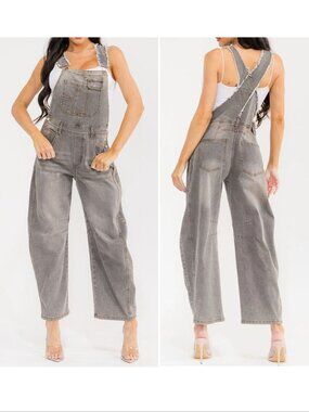 OVERALL Bib S M L Denim Jean Wide Barrel Leg Adjustable Strap Pockets Grey NEW